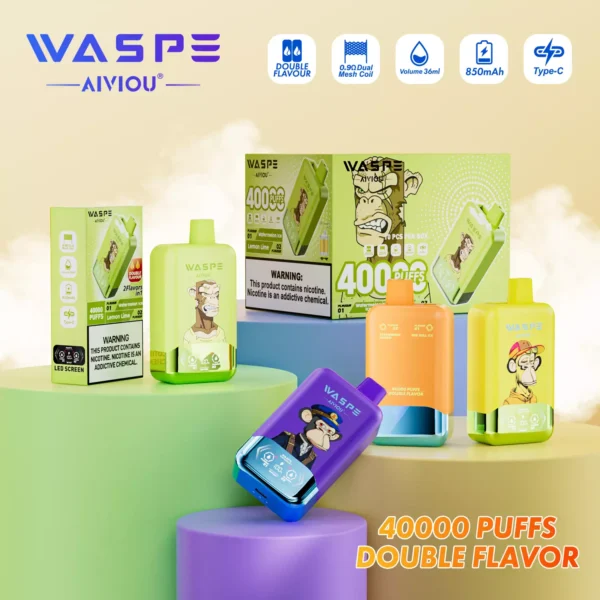 WASPE AIVIOU 40000 Puffs Double Flavor LED Tela 0% 2% 5% Baixo Nicotina Recarregável Vapes Descartáveis Caneta a Granel Compra por Atacado - ESCOVAPE - 1